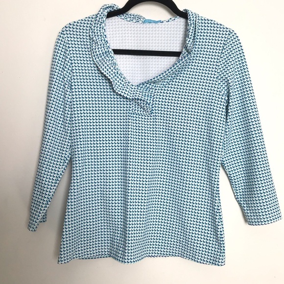 J. McLaughlin Durham Ruffle Neck Blue Green Geometric Textile 3/4 Sleeve Shirt S - Picture 1 of 8